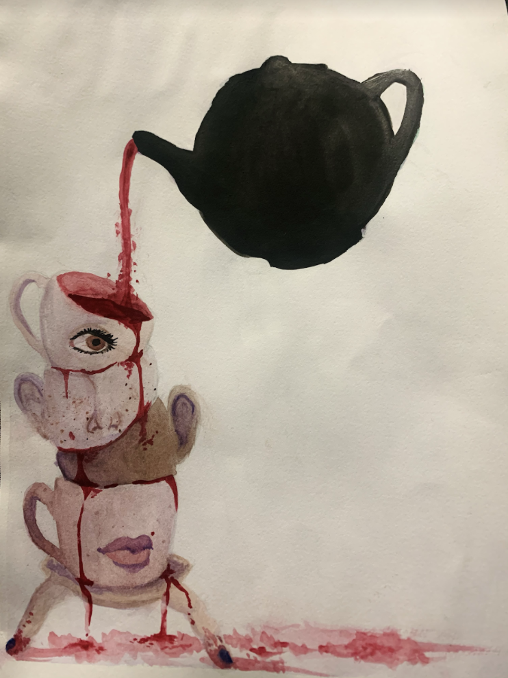 Watercolour on a white canvas. A black tea pot pours blood on four tea cups stacked on top of each other. One has an eye, two have ears, and the bottom one has a mouth.